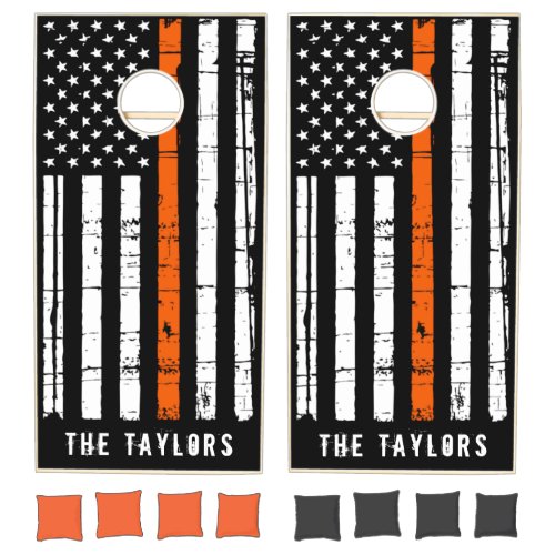Personalized Thin Orange Line American Flag  Cornhole Set