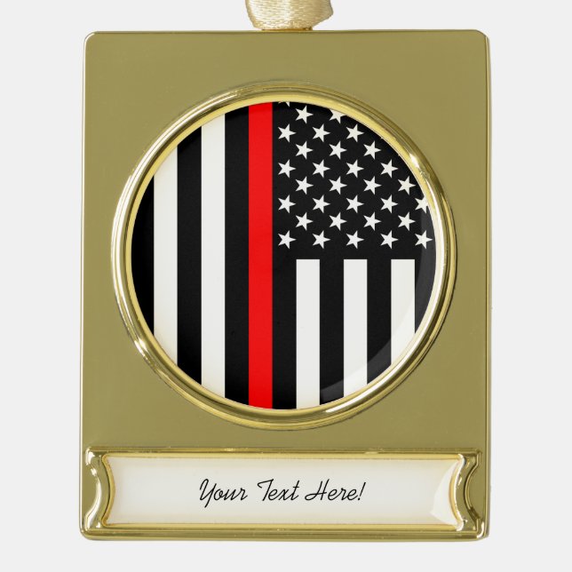 Personalized Thin Red Line American Flag on a Gold Plated Banner Ornament (Front)