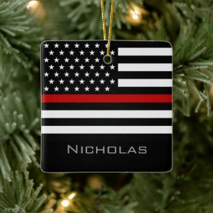 Personalized Thin Red Line Flag Ceramic Ornament