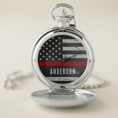 Personalized Thin Red Line Flag Firefighter Pocket Watch
