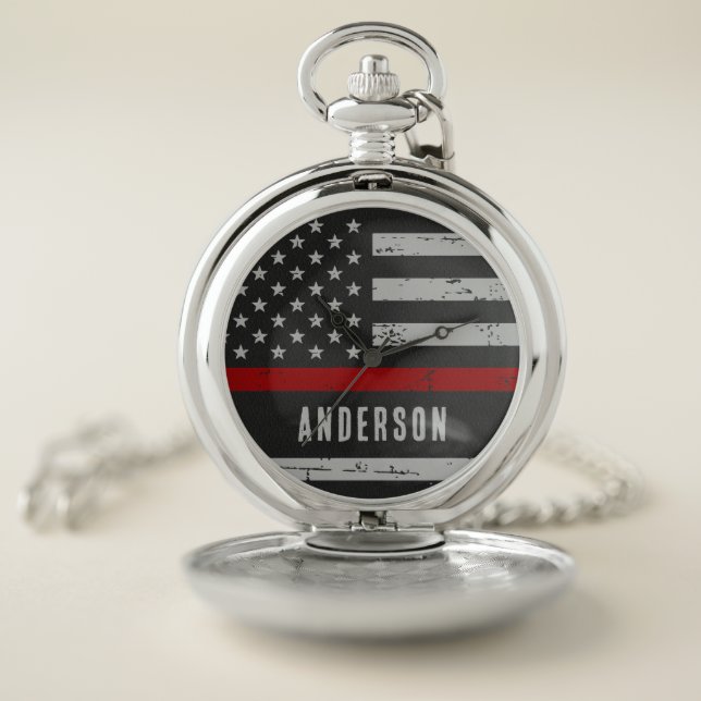 Personalized Thin Red Line Flag Firefighter Pocket Watch (Inside)