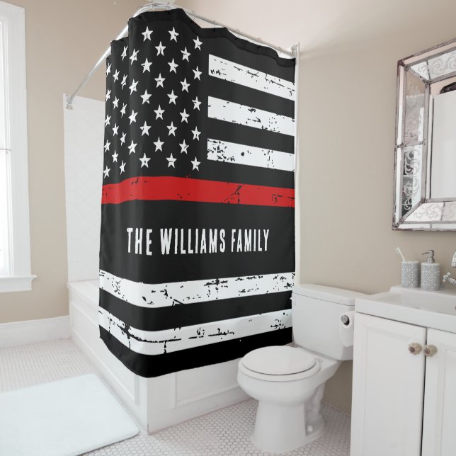 Personalized Thin Red Line Flag Firefighter  Shower Curtain (In Situ)