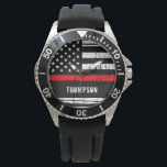 Personalized Thin Red Line Flag Firefighter Watch<br><div class="desc">Thin Red Line Firefighter Watch - American flag design in Firefighter Flag colors, distressed design . Lovely gift to your favorite firefighter or fireman. Great firefighter retirement gift or appreciation gift. Personalize with name. COPYRIGHT © 2020 Judy Burrows, Black Dog Art - All Rights Reserved. Personalized Thin Red Line Flag...</div>