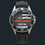 Personalized Thin Red Line Flag Firefighter Watch<br><div class="desc">Thin Red Line Firefighter Watch - American flag design in Firefighter Flag colors, distressed design . Lovely gift to your favorite firefighter or fireman. Great firefighter retirement gift or appreciation gift. Personalize with name. COPYRIGHT © 2020 Judy Burrows, Black Dog Art - All Rights Reserved. Personalized Thin Red Line Flag...</div>