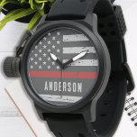 Personalized Thin Red Line Flag Firefighter Watch<br><div class="desc">Celebrate and show your appreciation to an outstanding Firefighter with this Thin Red Line Fireman Watch - American flag design in Firefighter Flag colors, distressed design . Perfect for service awards and Firefighter Graduation gifts . Personalize with fireman name. COPYRIGHT © 2020 Judy Burrows, Black Dog Art - All Rights...</div>
