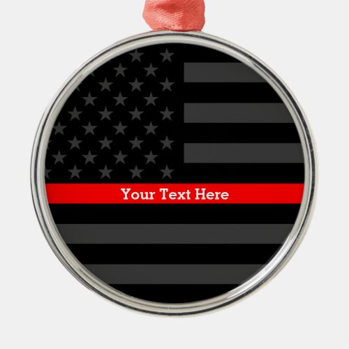 Personalized Thin Red Line Grey US Flag Keepsake Metal Ornament