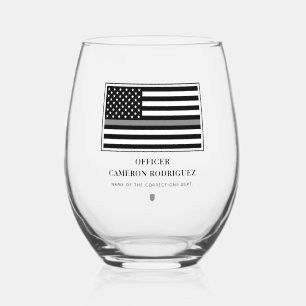 Personalized Thin Silver Line Correctional Officer Stemless Wine Glass