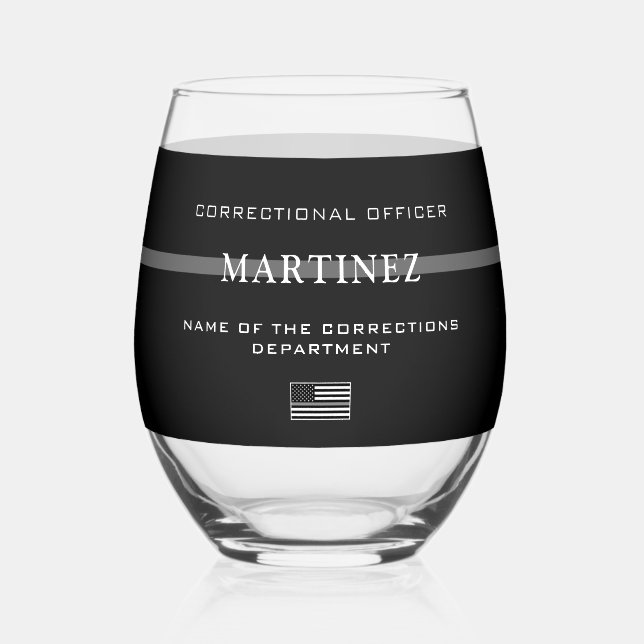 Personalized Thin Silver Line Corrections Officer Stemless Wine Glass (Front)