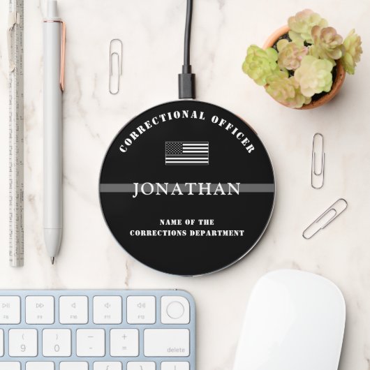 Personalized Thin Silver Line Corrections Officer Wireless Charger (Desk)