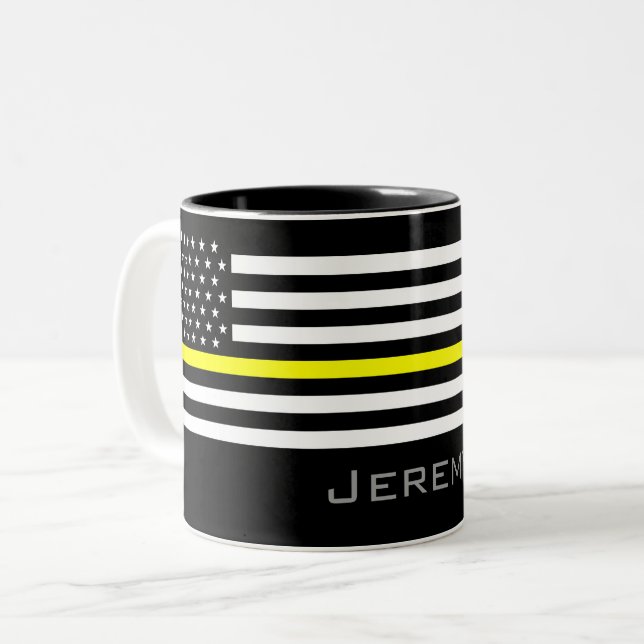 Personalized Thin Yellow Line Dispatcher Flag Two-Tone Coffee Mug (Front Left)