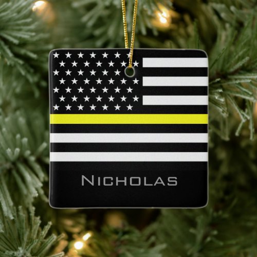 Personalized Thin Yellow Line Flag Ceramic Ornament