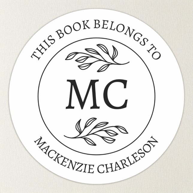 Personalized This Book Belongs to Monogram Classic Round Sticker (Botanical Leaf classical monogram initial personalized This Book Belongs To bookplate sticker)