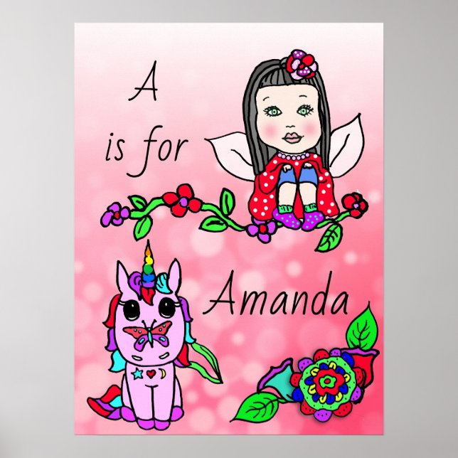 Personalized this Pretty Red  Fairy and Unicorn Poster (Front)