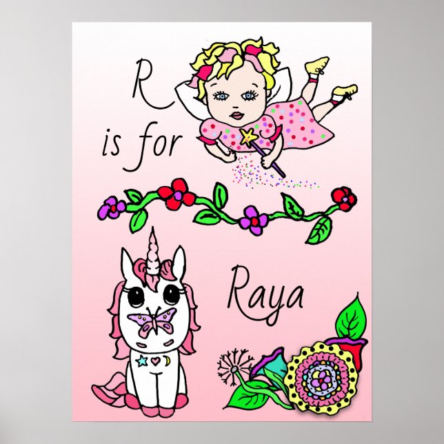 Personalized this Pretty Red  Fairy and Unicorn Poster (Front)