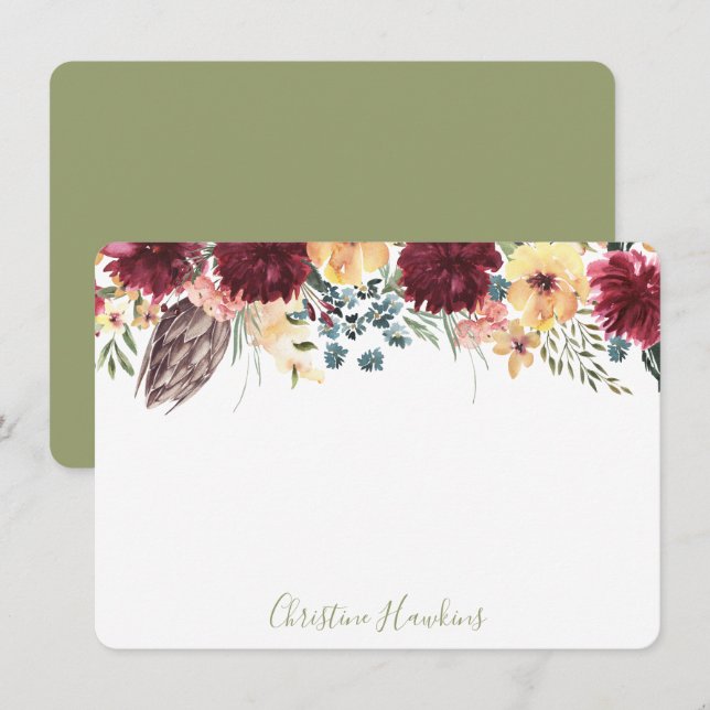 Personalized Thistle Watercolor Wine Floral Blooms Note Card (Front/Back)