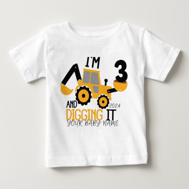    ﻿Personalized Three  3rd Birthday Construction  Baby T-Shirt (Front)