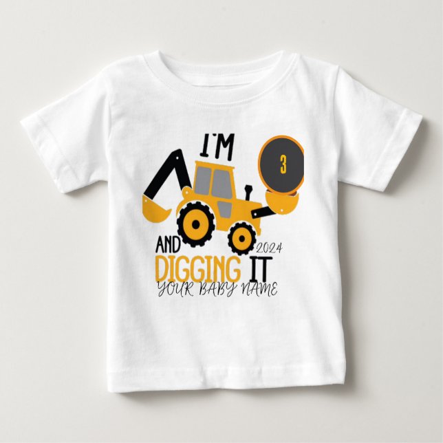    ﻿Personalized Three  3rd Birthday Construction  Baby T-Shirt (Front)
