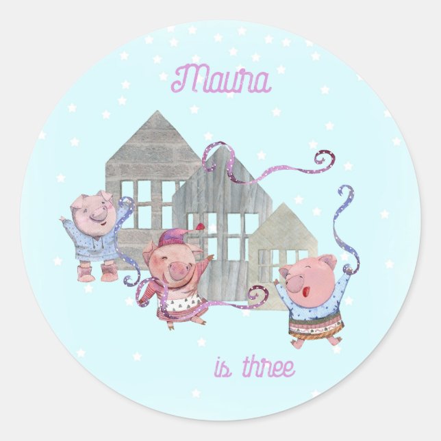 Personalized Three Little Pigs Celebration Classic Round Sticker (Front)