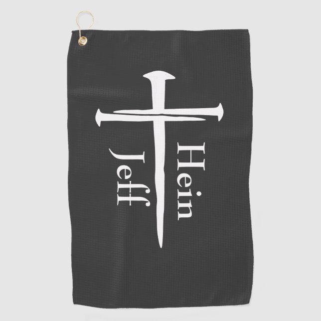 Personalized Three Nails White Cross Christian Golf Towel (Front)