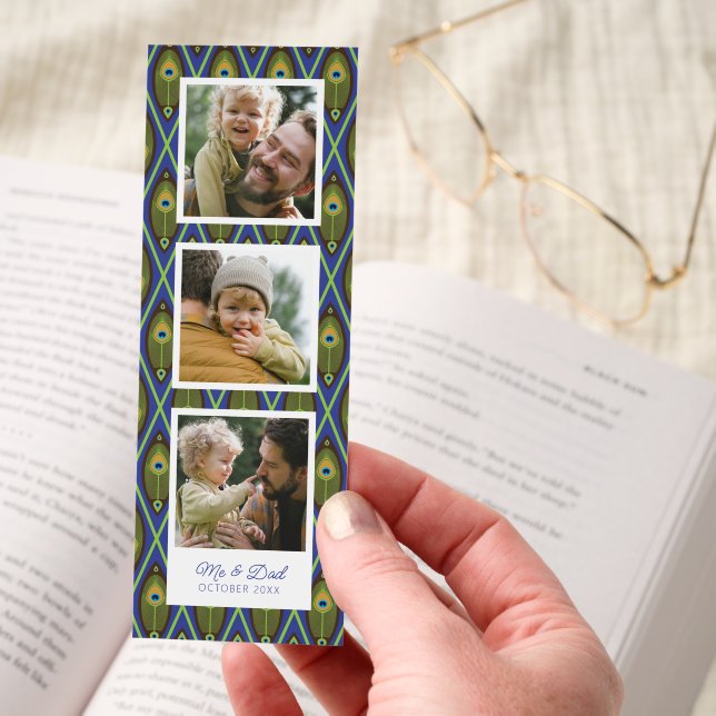 Personalized Three Photo Collage Peacock Feathers Bookmarks (Hand)