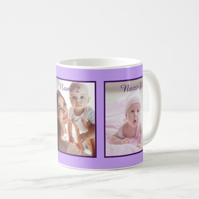 Personalized Three Photo Name Lilac Elegant Script Coffee Mug (Front Right)
