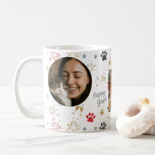 Personalized Three-Photo New Year's Pet Paw Print  Coffee Mug