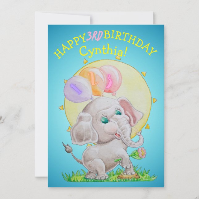 Personalized Three Years Old Girls Birthday Card  (Front)