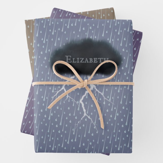 Personalized Thunder Cloud Rain & Lightning Stormy Wrapping Paper Sheets (In situ)