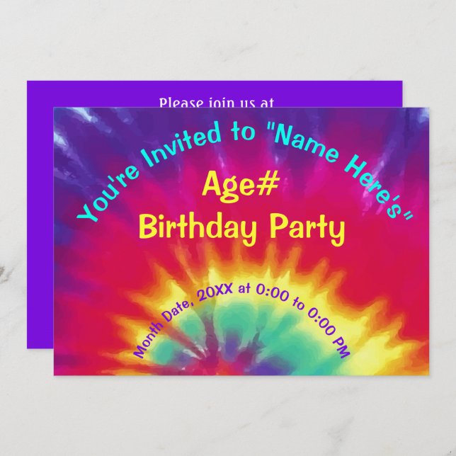 Personalized Tie Dye Invitations, Birthday Invitation (Front/Back)