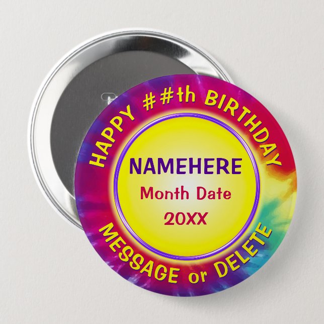 Personalized Tie Dye Party Favors for Kids, Adults Button (Front & Back)