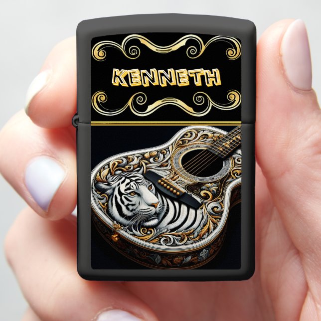 Personalized Tiger and Guitar Artwork Zippo Lighter (In Hand)