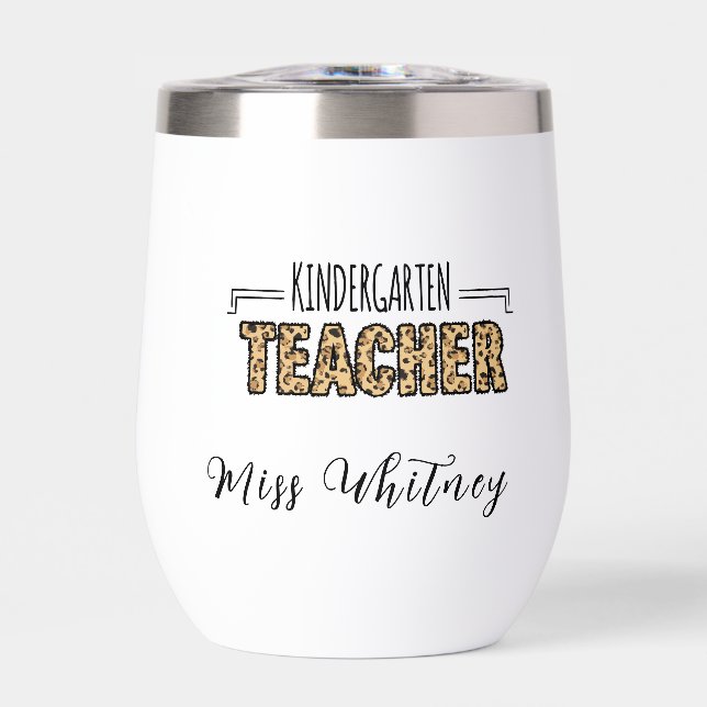 Personalized tiger print kindergarten teacher thermal wine tumbler (Front)