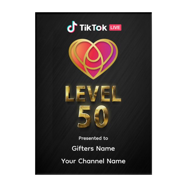 Personalized TikTok live Level 50 Plaque: Custom S Acrylic Print (Front)