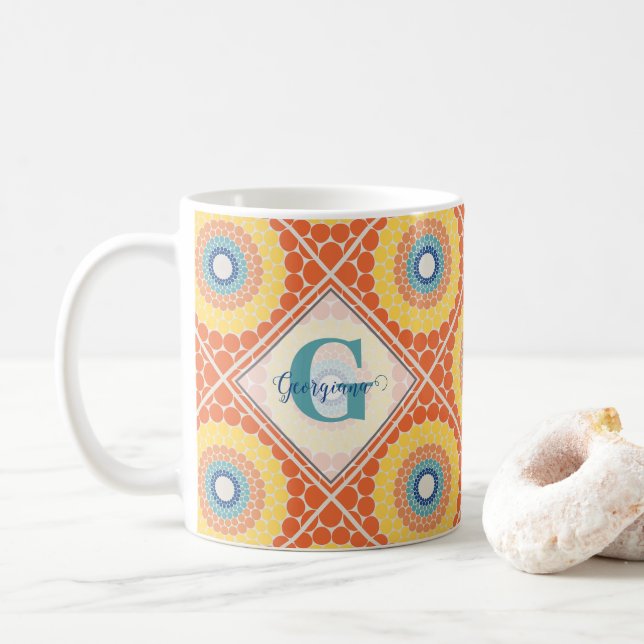 Personalized Tiled Aegean Summer Radiant Mandala Coffee Mug (With Donut)
