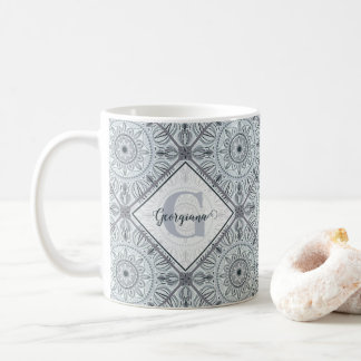 Personalized Tiled Floral Harmony Gray Mandala Coffee Mug