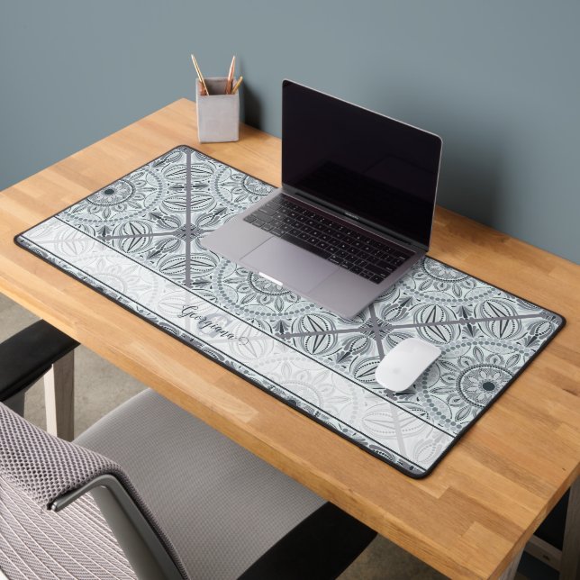 Personalized Tiled Floral Harmony Gray Mandala Desk Mat (Office 2)