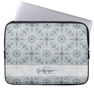 Personalized Tiled Floral Harmony Gray Mandala Laptop Sleeve