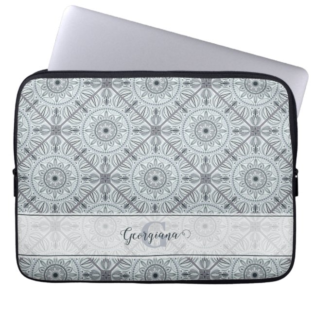 Personalized Tiled Floral Harmony Gray Mandala Laptop Sleeve (Front)