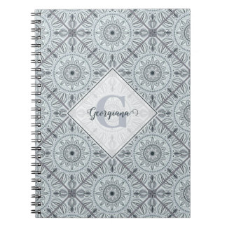 Personalized Tiled Floral Harmony Gray Mandala Notebook