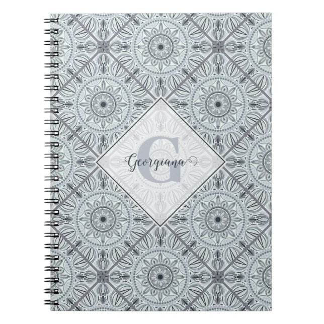 Personalized Tiled Floral Harmony Gray Mandala Notebook (Front)