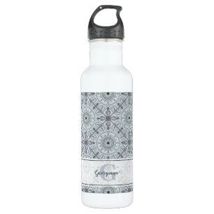 Personalized Tiled Floral Harmony Gray Mandala Stainless Steel Water Bottle