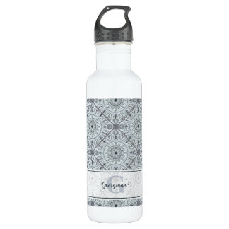 Personalized Tiled Floral Harmony Gray Mandala Stainless Steel Water Bottle