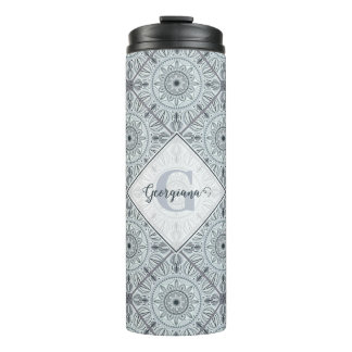 Personalized Tiled Floral Harmony Gray Mandala Thermal Tumbler