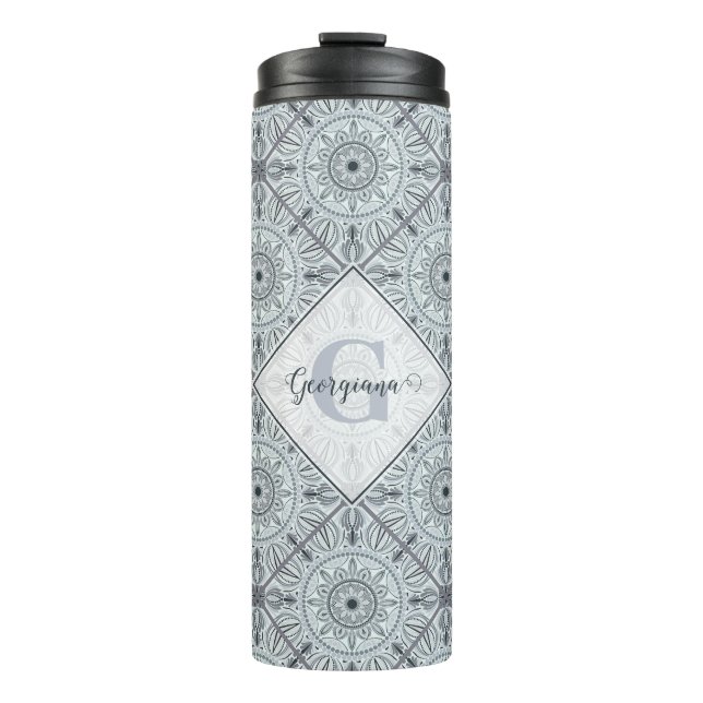 Personalized Tiled Floral Harmony Gray Mandala Thermal Tumbler (Front)