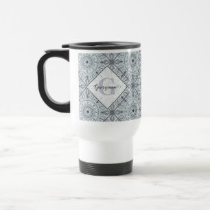 Personalized Tiled Floral Harmony Gray Mandala Travel Mug