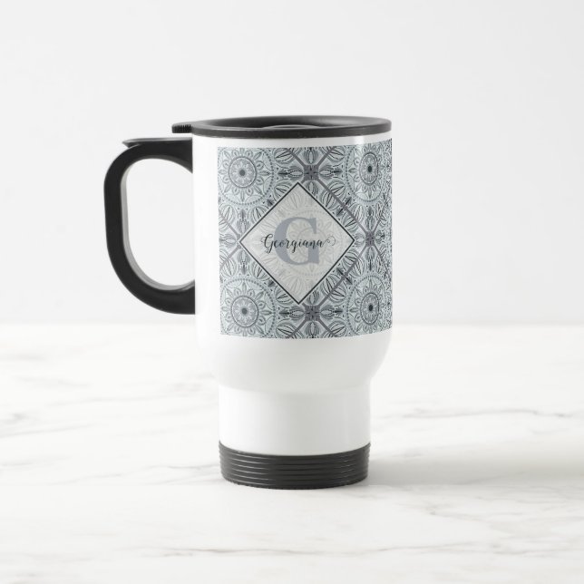 Personalized Tiled Floral Harmony Gray Mandala Travel Mug (Left)
