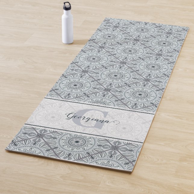 Personalized Tiled Floral Harmony Gray Mandala Yoga Mat (In Situ)