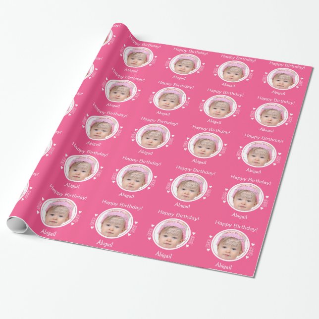 Personalized tiny hearts photo pink wrapping paper (Unrolled)