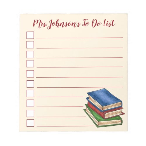 Personalized To Do List Library Books Teacher Notepad