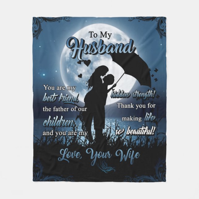 Personalized To My Husband Couple Under Moon Fleece Blanket (Front)